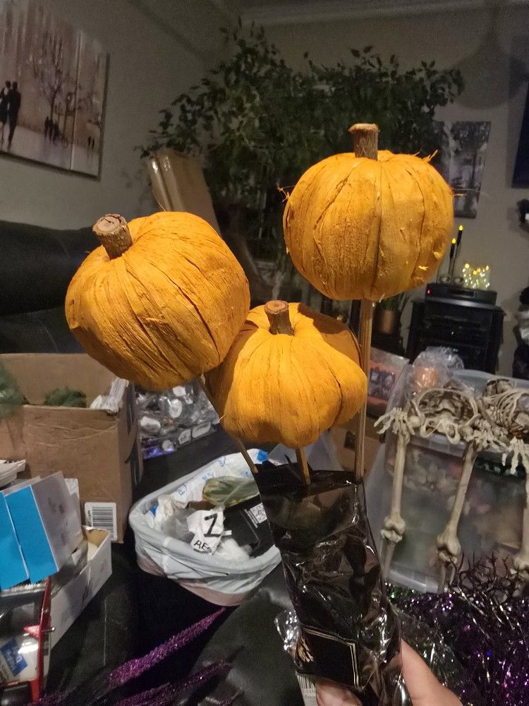 $3 !! Rustic And Country Appeal!! Three Raffia Pumpkins On 20" Stems!!