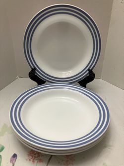Set of 4 Corelle PERIWINKLE RAINBOW White 3 BLUE Rings on Rim Pasta Bowl 8.5” EC