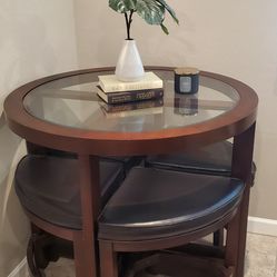 Round wood table glass top with 4 chairs