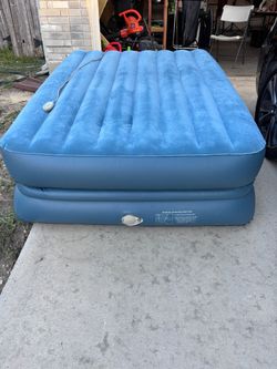 Blue Double-Height Air Mattress with Built-In Pump