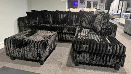 New Black Corduroy Sectional Sofa with Ottoman