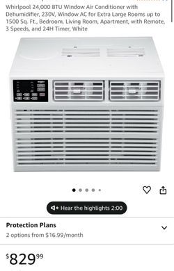 Whirlpool 24,000 BTU Window Air Conditioner with Dehumidifier, 230V, Window AC for Extra Large Rooms up to 1500 Sq. Ft., Bedroom, Living Room, Apartme