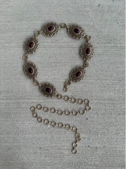 Vintage Gold Tone Chain Belt Red Cabochon Medallion Adjustable Statement Belt