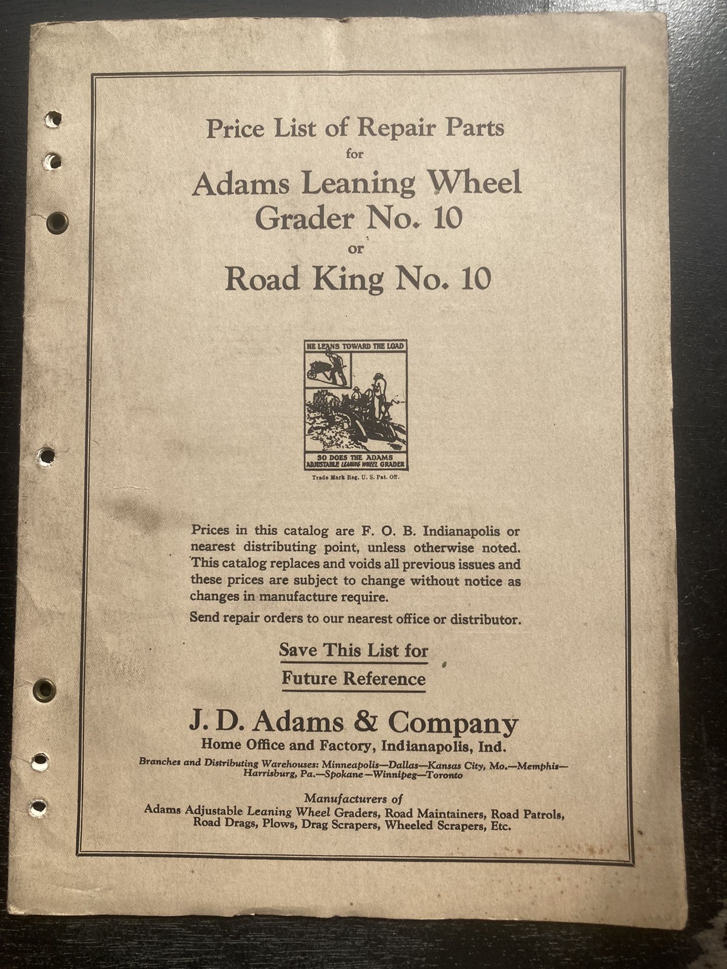 Antique Adams And Company Road King Parts Price List No 10