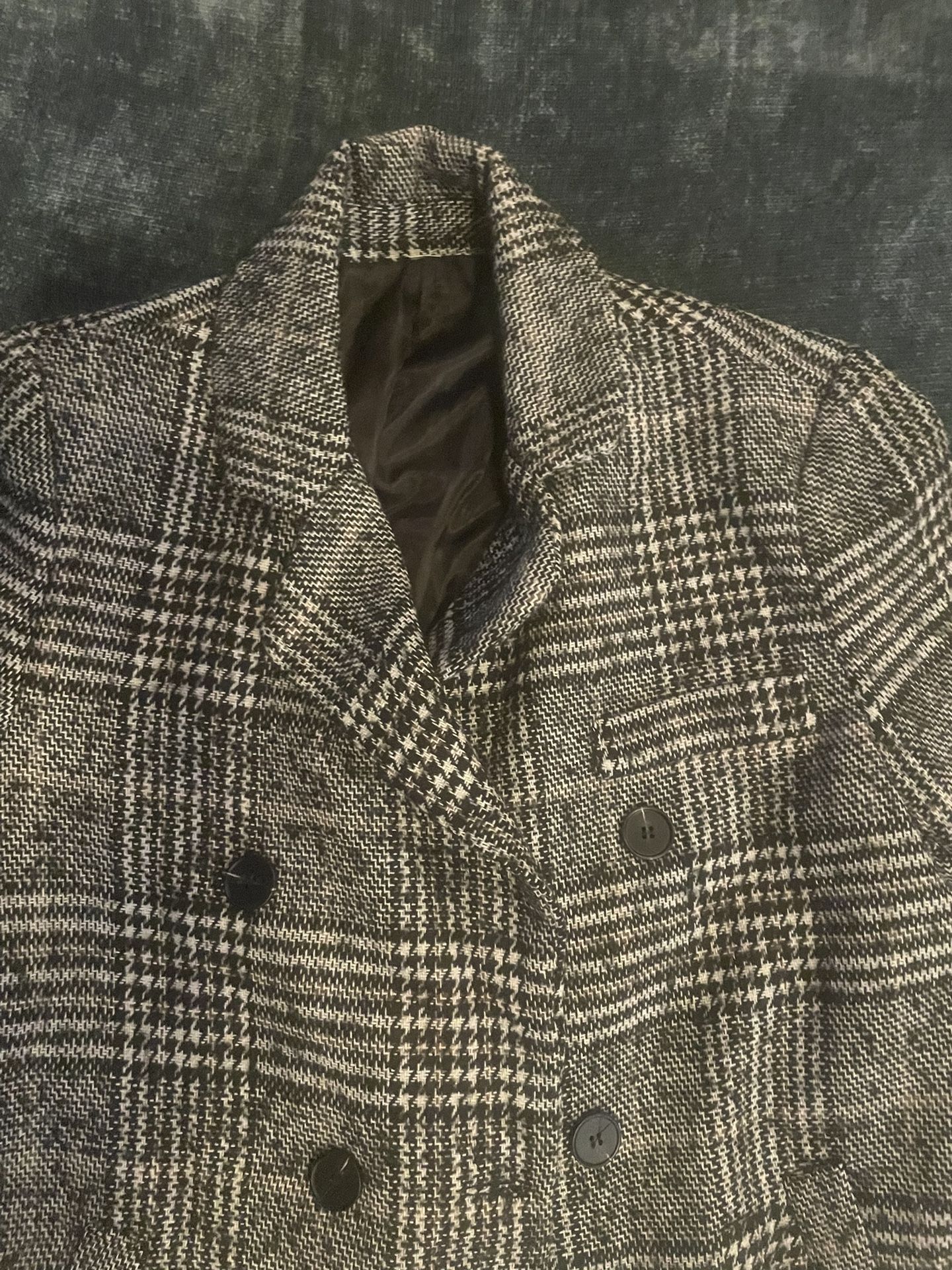 Gray & Black Plaid Double-Breasted Coat in a Wool Blend.