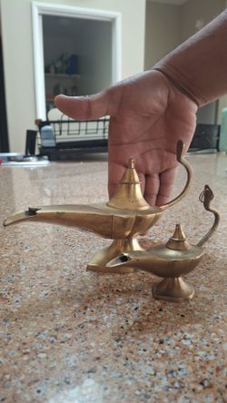 Vintage Brass Genie Lamp Pair - Engraved Saudi Arabia / India"