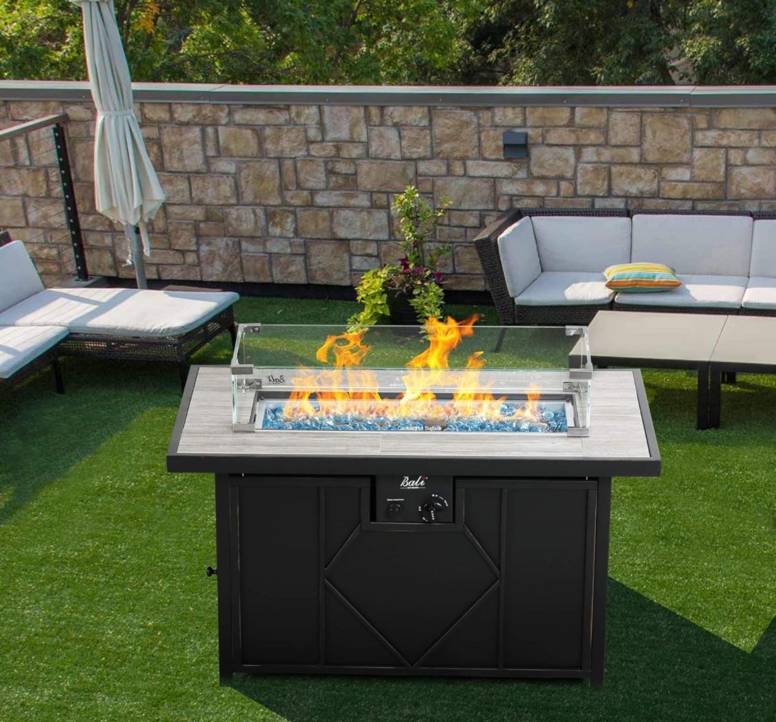 Bali Outdoors Propane Fire Pit Table, 42 Inch 60,000 BTU Gas Firepit Table With Glass Wind Guard Rectangular Fire Pit With Tile Tabletop
