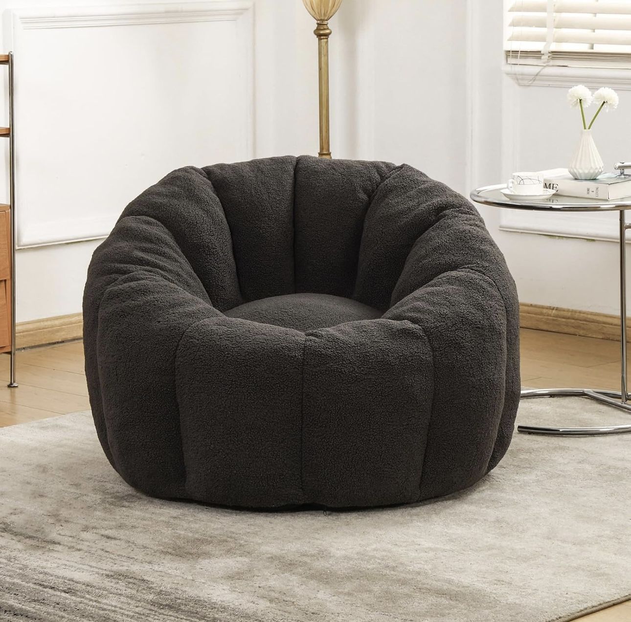 Bean Bag Chair, Large Beanbag Chairs with Filling, Bean Bag Chair with Filler, Stuffed Beanbag Chairs for Living Room (Teddy Fabric in Dark Gray, No O