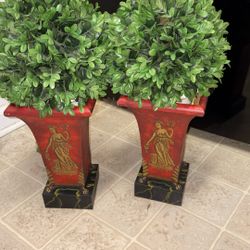 Beautiful 13 Inch Pair Tin  Pedestal Planters With Faux Greenery