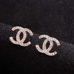 New CC Titanium Rose Gold Plated Surrounds Diamonds Stud Earrings 