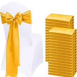 Satin Chair Sashes Bows 48 pcs Chair Ribbon Sashes for Wedding Party Reception Events Banquets Hotel Event Chairs Decoration（Gold 7x108 inch）