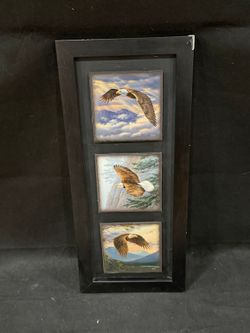 Rosemary Millette Bald Eagle Triptych – Three Eagle Prints in Tall Black Frame, Signed in Image