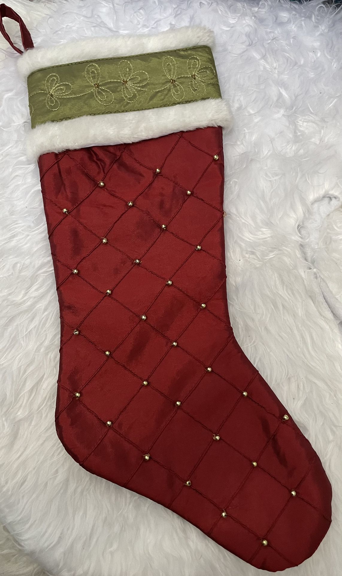 Cranberry Red Christmas Stocking With Gold Beads