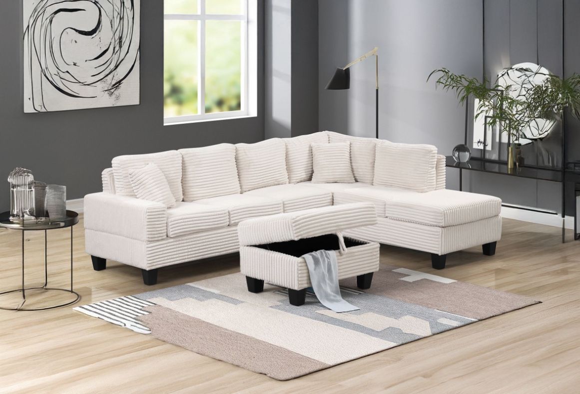 Brand New Corduroy Sectional With Free Storage Ottoman Included