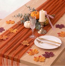 Orange Fall Thanksgiving Pearl Table Runner Wedding Bridal Shower Fall Thanksgiving 10FT Gauze Sheer Chiffon Cheese Cloth Dining Wedding Birthday Holi