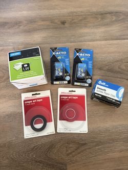 Office Supplies:  Dymo white address labels, 2 x-acto #11 blades, crepe art tape, jumbo paper clips