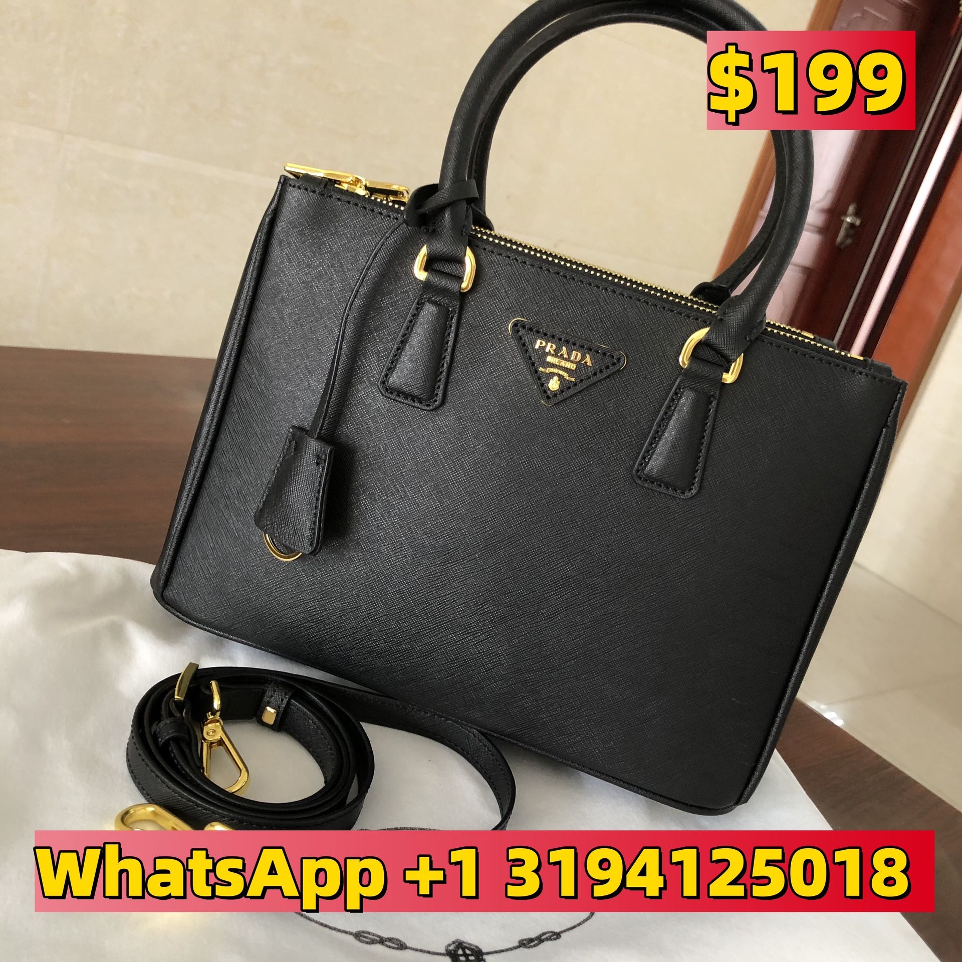 Prada Black Leather Handle Bag with Crossbody Strap