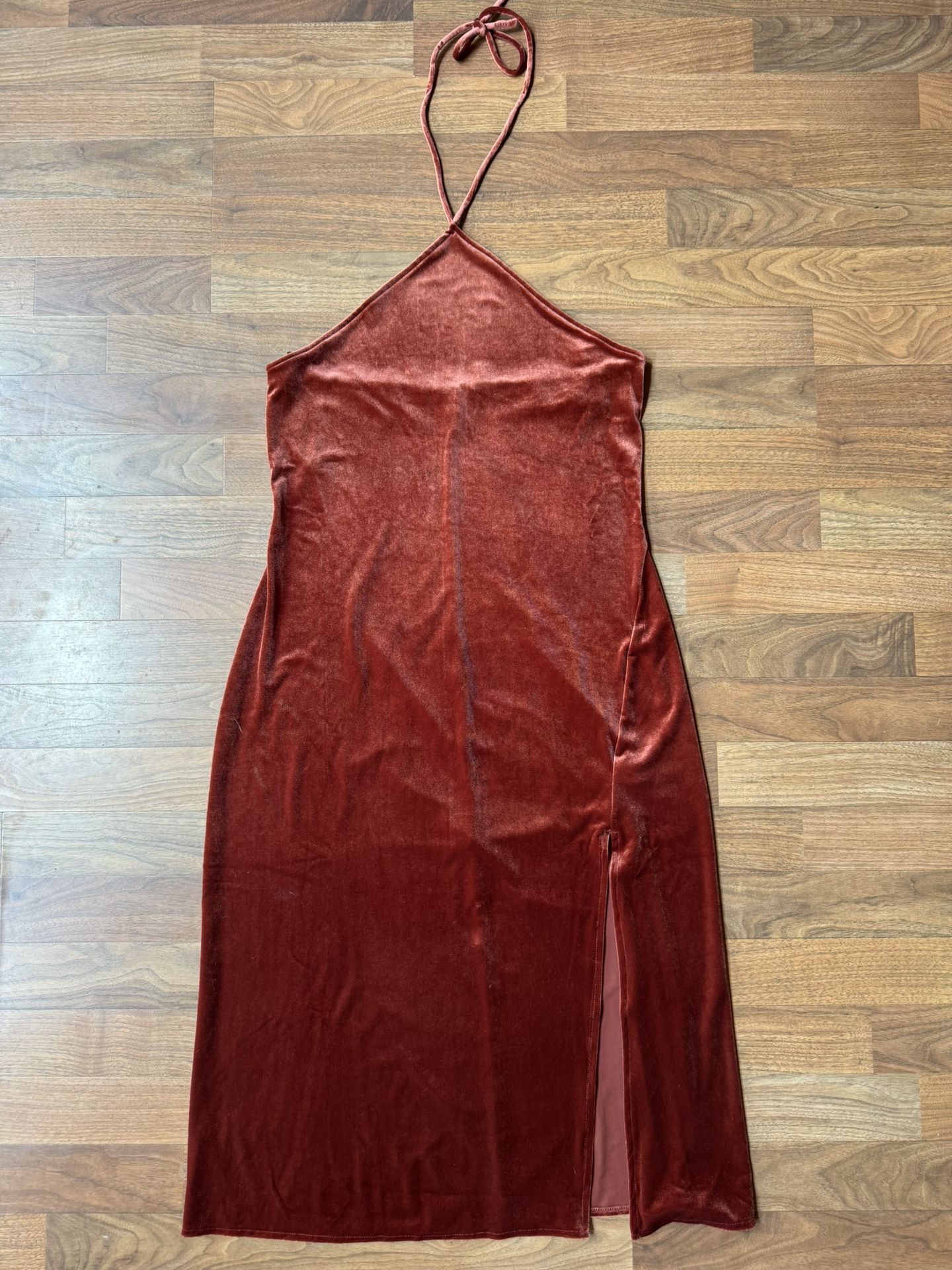 Banana Republic VELVET MIDI Triangle Halter Dress, Slit, Dark Spiced Rum, XL
