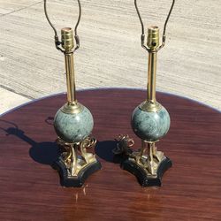 Antique Green Marble & Solid Brass Dolphin Lamps