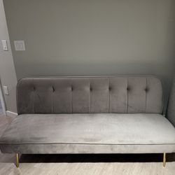Gray Velvet Futon Couch - Folds Out & Has Built-In Power Outlets!