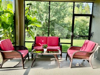 Kane’s Furniture weather-resistant wicker set (sofa, two chairs and coffee table)