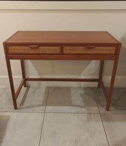 Mid-Century Wood Console Table / Desk with Cane Drawers