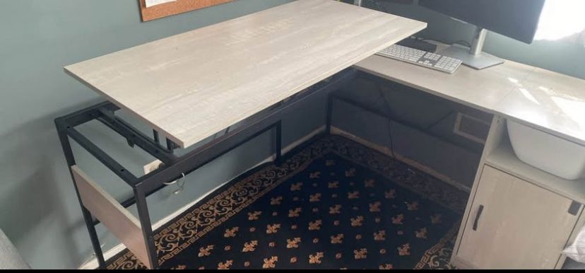 L Shaped Gray Desk With Standing Riser
