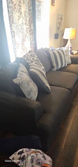 Ashley Levon Charcoal Sofa Sleeper Loveseat Set w/ End Tables Lamps Fireplace Stand