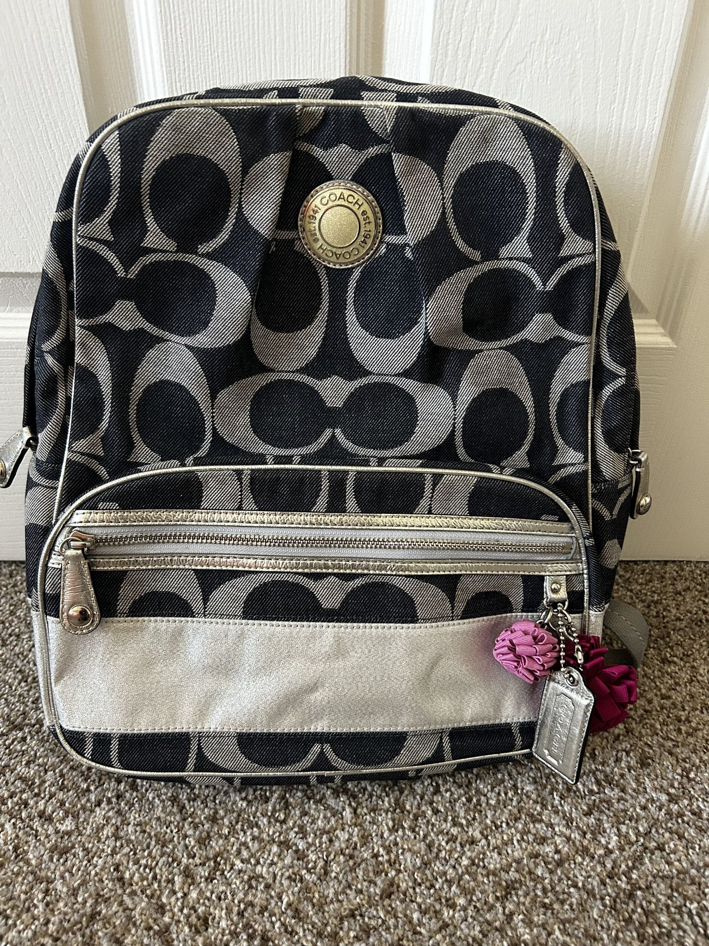 Coach 77171 Signature Poppy Blue Denim Silver Backpack Bookbag