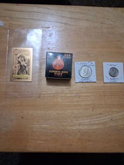 4 piece deal!! 1- Idaho gold back1/4 or 1/4000 of an oz. 24 k. 1- 1g bar .999 pure silver bar. 1- random year kennedy half dollar and 1 random year bu