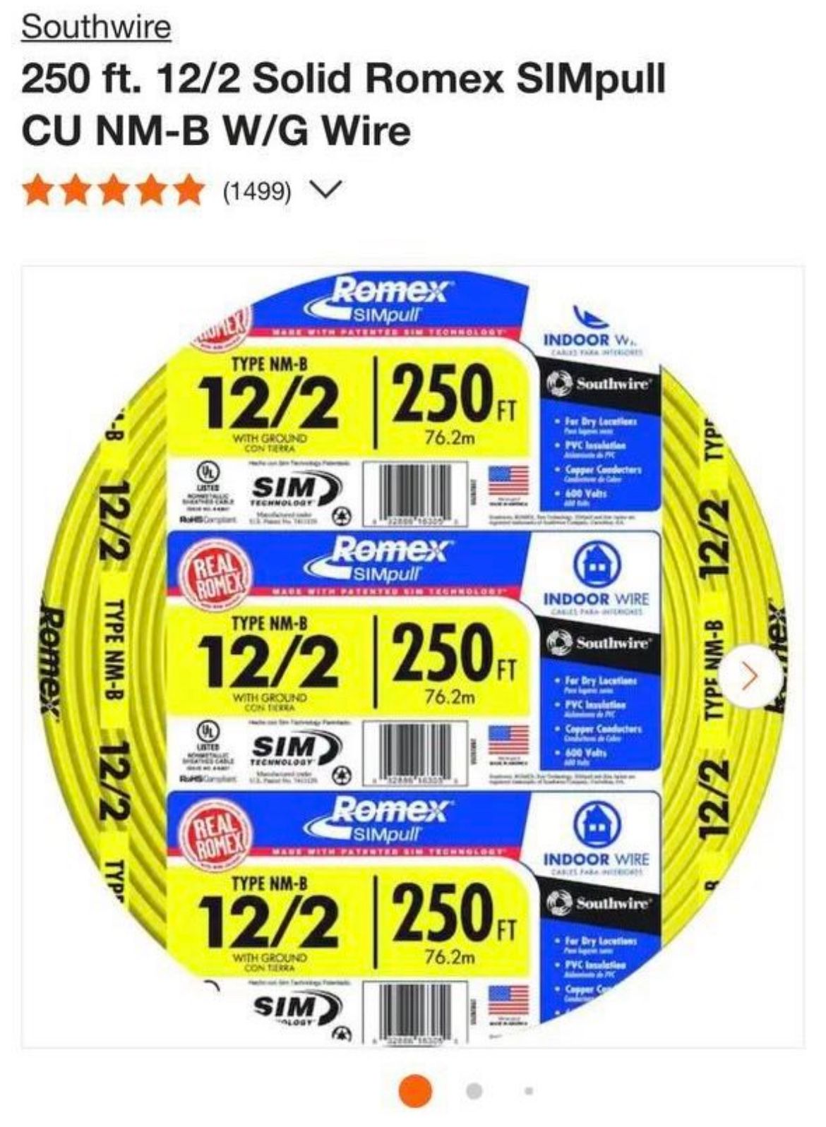 250 ft. 12/2 Solid Romex SIMpull CU NM B W/G Wire by Southwire