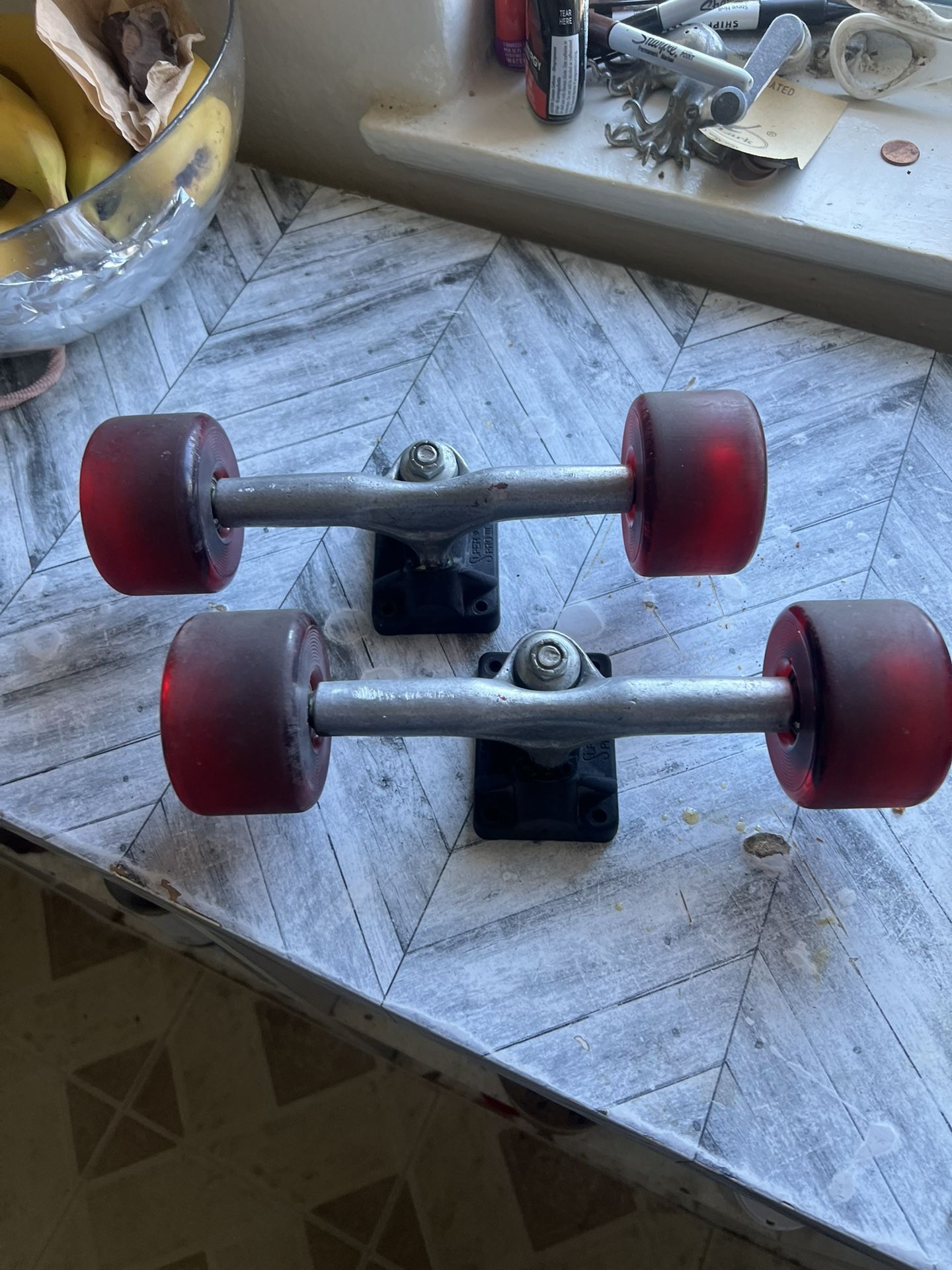 Vintage 80s Silver Gullwing Super-Pro III HPG IV Skateboard Trucks Gravity Super With the wheels approximately 10” width trucks are around 9” wide w