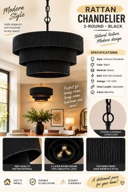 Black Rattan 3-Round Tiered Chandelier