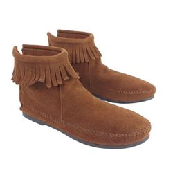 Minnetonka Womens Moccasin Boots Size 6 Brown Suede Fringe Back Zip Ankle Boots