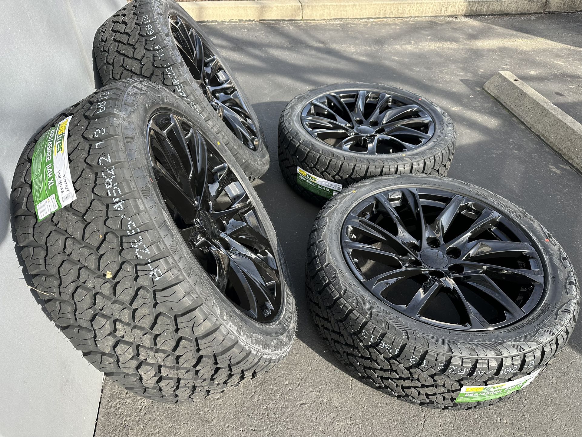 NEW BLACK 22” WHEELS RIMS A/T TIRES CHEVY GMC SIERRA YUKON CHEVROLET SILVERADO TAHOE SUBURBAN AVALANCHE CADILLAC ESCALADE 285/45R22 22 INCH DENALI 