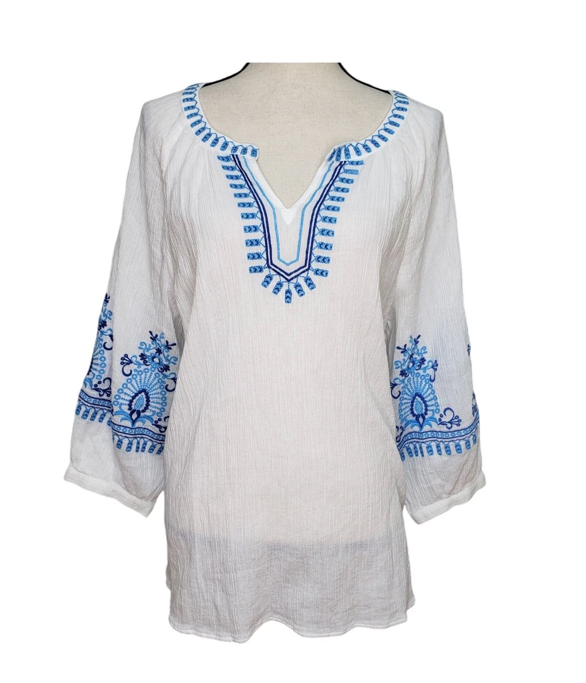 Talbots Blue White Shell Print 3/4 Sleeve VNeck Side Slit Cotton Tunic Top -2X