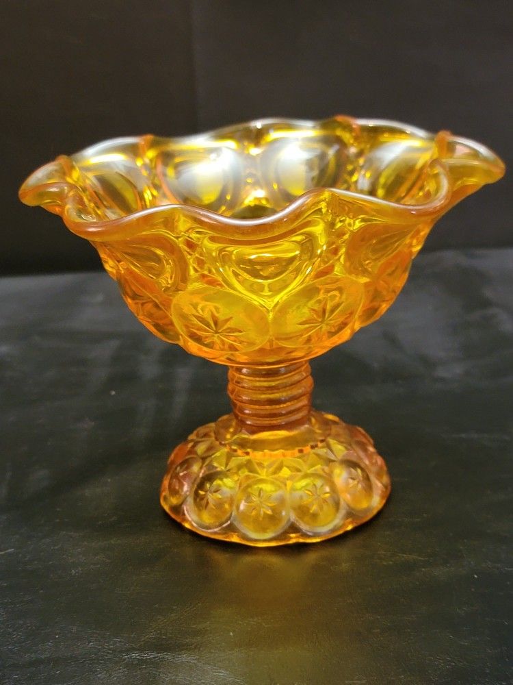 Vintage LE Smith Moon and Stars Amber Glass Bowl Compote - Elegant Footed Glassware