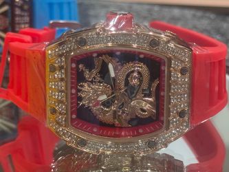 Luxury Dragon Watch – Red Silicone Band – Iced Bezel Style