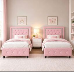 2 PCs Twin Bed Frame with Headboard, Diamond Tufted Design, Pink