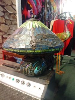 Pair of Tiffany style dragonfjy lamps