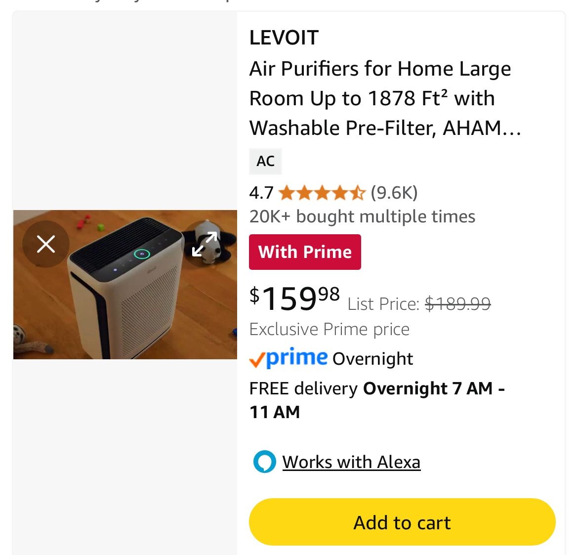 LEVOIT Air Purifiers for Home Large Room Up to 1878 Ft² with Washable Pre-Filter, Connects To Alexa
