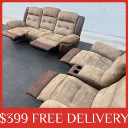 Brown/Tan 2 piece RECLINER SET INCLUDING TV STAND sectional couch sofa recliner (FREE CURBSIDE DELIVERY)