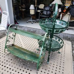 Attic Find  Vintage Green Metal Fruit Basket 2 Tier And Wall Hanging Metal Shelf