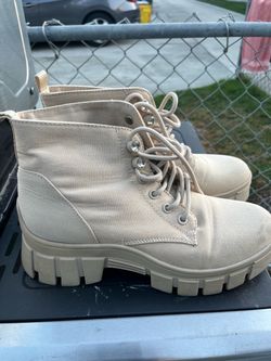 Cream Canvas Lace-Up Combat Boots