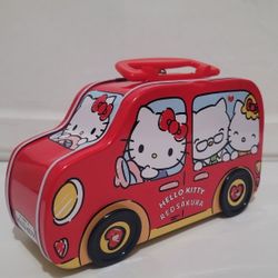 Hello Kitty X Red Sakura Tin Coin Bank Red Cookies Rolling Wheels Car Lunch Box