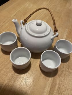 Pier 1 Imports Porcelain Tea Set White China Teapot & 4 Cups 