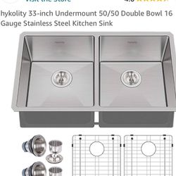 33-inch Undermount 50/50 Double Bowl 16 Gauge Stainless Steel Kitchen Sink
