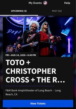 2 Tickets Toto Christopher Cross Romantics Long Beach 8/14