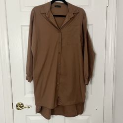 Brown Dipped Hem Oversized Shirt Dress