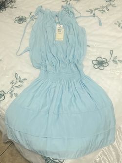 Light Blue Halter Neck Tiered Dress